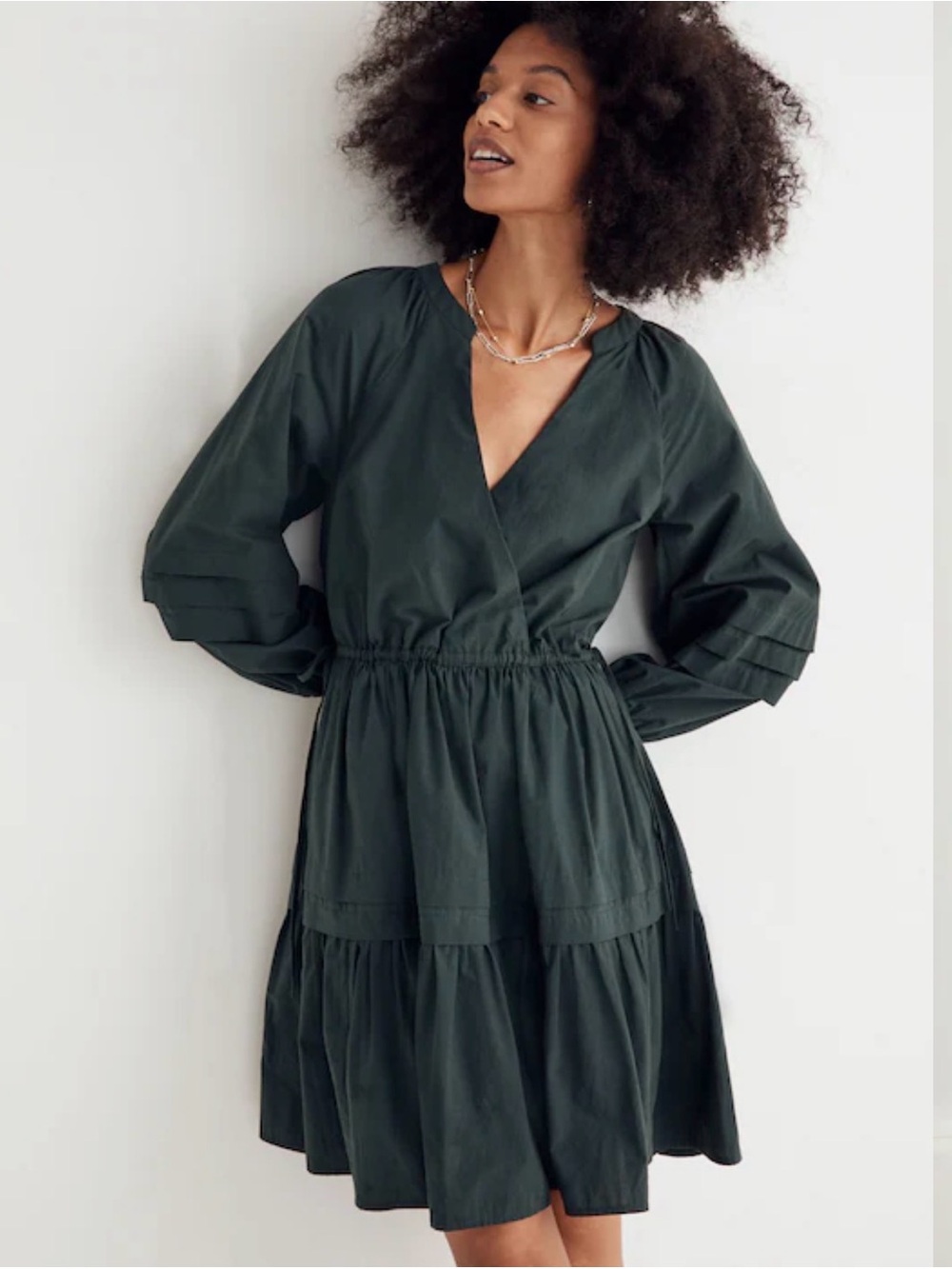 Madewell Dark Green V-Neck Tiered Waist Dress